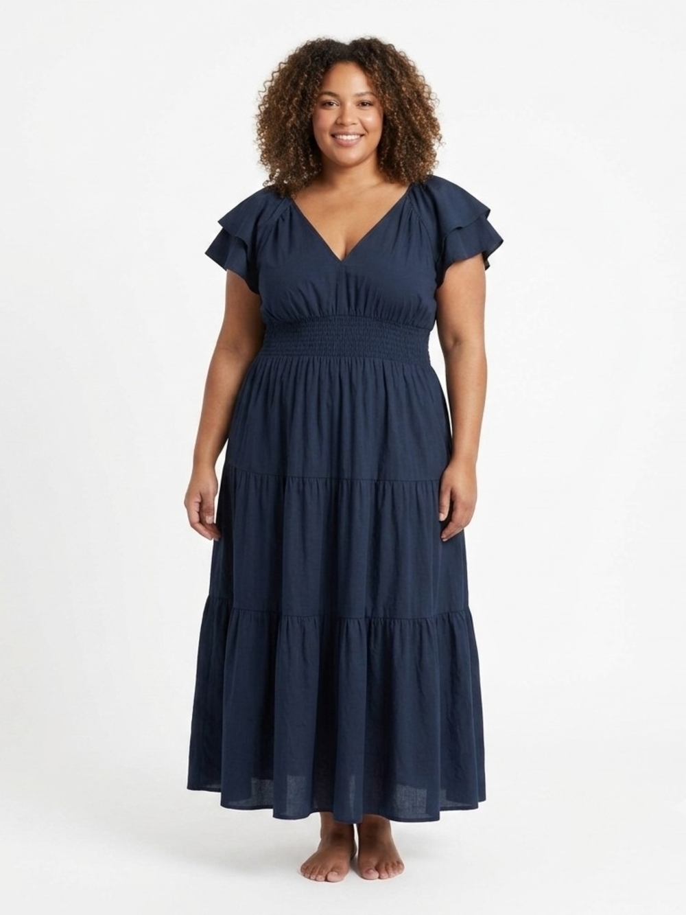 Arula Navy Tiered Maxi Dress Flutter Sleeve Smocked Waist Sz B (18/20 2XL)